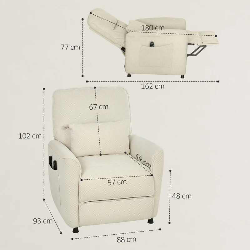 HOMCOM Poltrona Relax com Aquecimento Lombar e Massagem por Vibração Poltrona Reclinável com Função de Memória 88x93x102 cm Creme