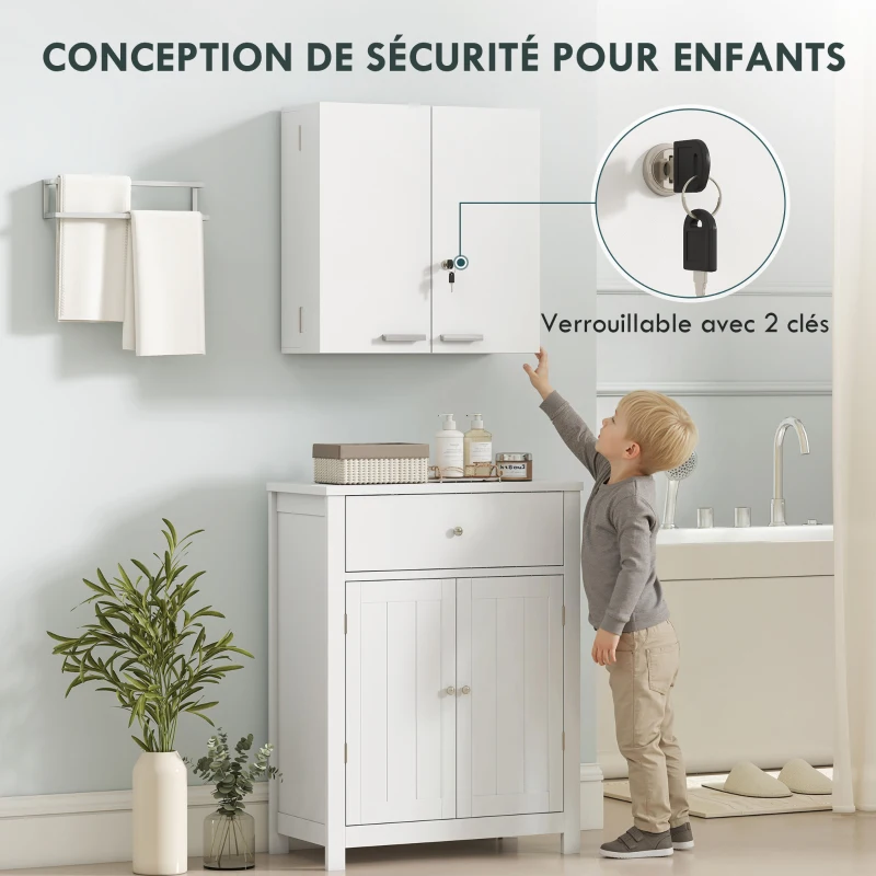 HOMCOM Armoire à pharmacie murale, armoire à médicaments à 4 étagères avec double porte verrouillable 2 clés, 53x20x53cm, blanc