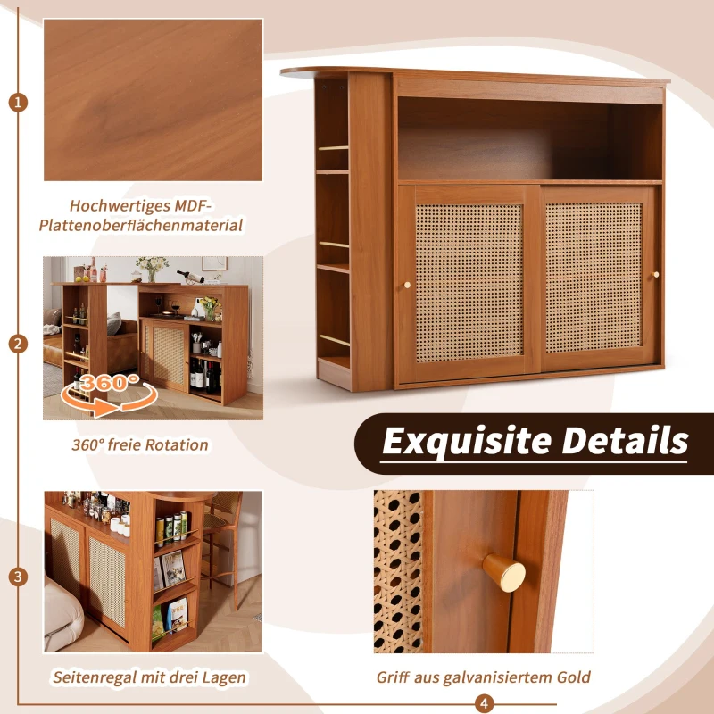 Multifunktionaler Bartisch mit Stauraum ausziehbar mit Rattangeflecht Türfronten und verstellbaren Ablagen für zuhause Braun(m-6)