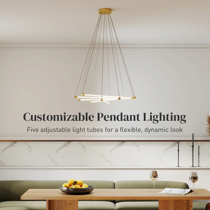 HOMCOM Lampa wisząca LED, 50W, 5 regulowanych rur świetlnych, regulowana, Lampa sufitowa do salonu, jadalni, kuchni, Złoto+Białe