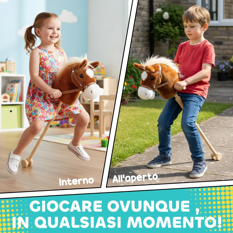 AIYAPLAY Cavallo con Bastone e Suoni Realistici per Bambini 24+ Mesi, in Poliestere e Legno, 95x25x27 cm, Marrone