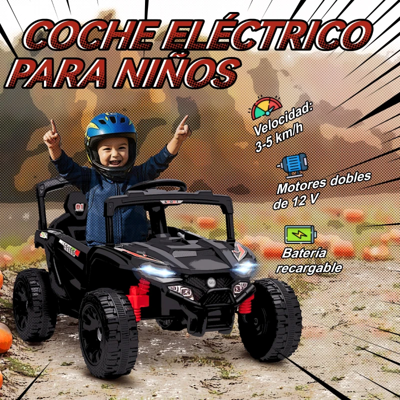 AIYAPLAY Coche Eléctrico para Niños 12V con 2 Motores Control Remoto 2,4G Suspensión Trasera Faros Música Negro