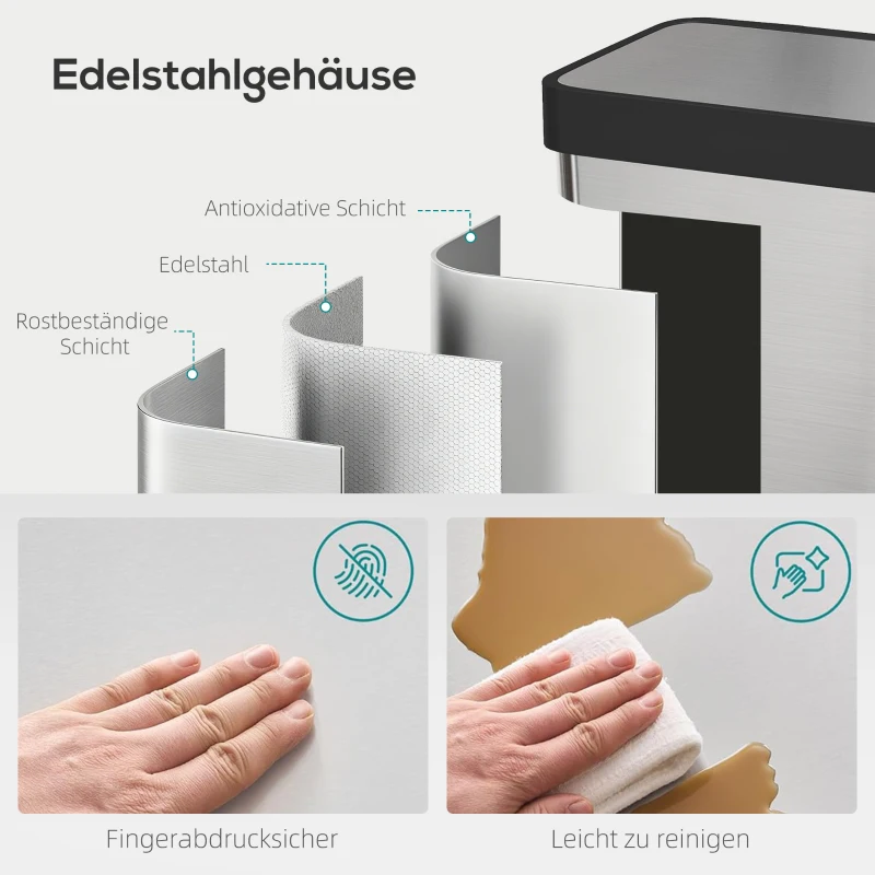 HOMCOM 60 L Mülleimer mit Fußpedal, Edelstahl-Abfalleimer mit sanft schließendem Deckel, Silberfarben