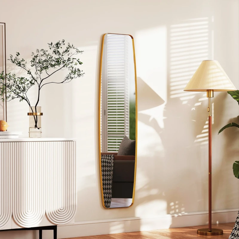 HOMCOM Grand miroir mural ovale 160 x 40 cm, miroir suspendu moderne, cadre en métal et bois, prêt à accrocher, doré