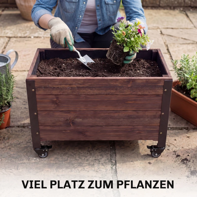 Outsunny Houten hoogbed, plantenbak met wielen, mobiel tuinbak 60 x 30 x 41 cm voor tuin en balkon