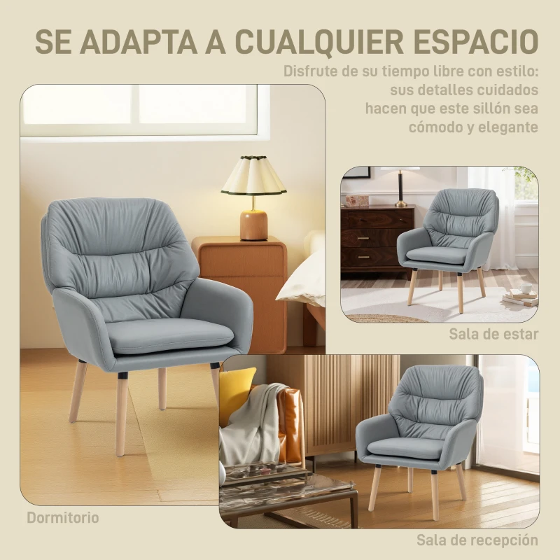 HOMCOM Sillón de Salón Moderno Acolchado de Doble Capa Tapizado en Cuero Sintético Patas de Madera 68x74x89 cm Gris