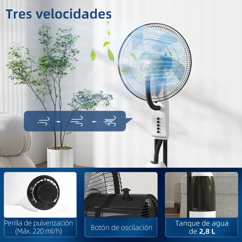 HOMCOM Ventilador Nebulizador Oscilante 90 W Tanque 2,8L 3 Velocidades 5 Aspas y Ruedas Ø44,5x120 cm Blanco