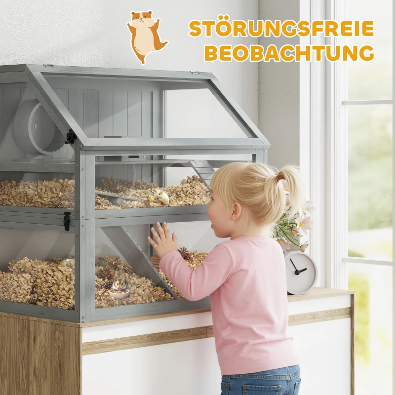 PawHut Hamsterkäfig Holz, 3 Etagen mit Tiefem Untergeschoss, Abnehmbare Ebenen, Für Kleintiere, 80x50x76cm, Hellgrau