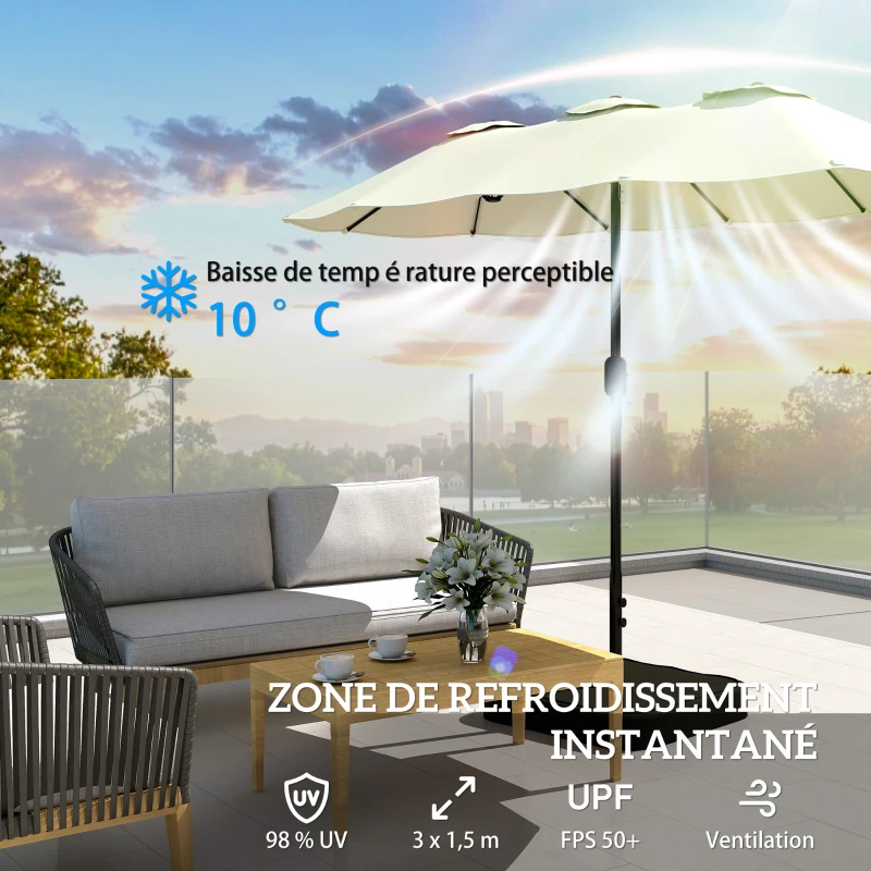 Outsunny Parasol de Jardin Double Face 3 x 1,5 m avec Base et Sacs de Sable, UPF 50+, Parasol avec Housse, Manivelle, Beige