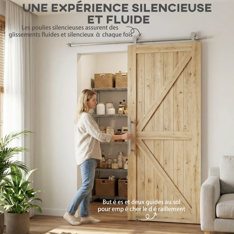 HOMCOM 152CM Quincaillerie porte coulissante de grange, rail porte coulissante de 76 cm de large, épaisseur 30 mm, argenté