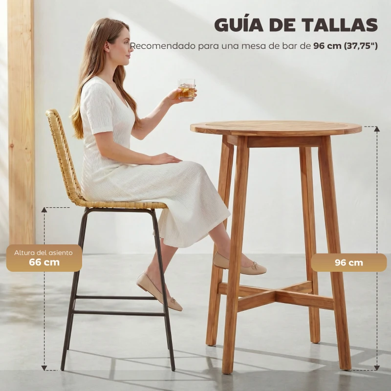 HOMCOM Taburetes Altos de Cocina Juego de 2 con Asiento de Ratán Sintético Taburetes de Bar con Patas de Acero 42,5x52x102 cm Natural