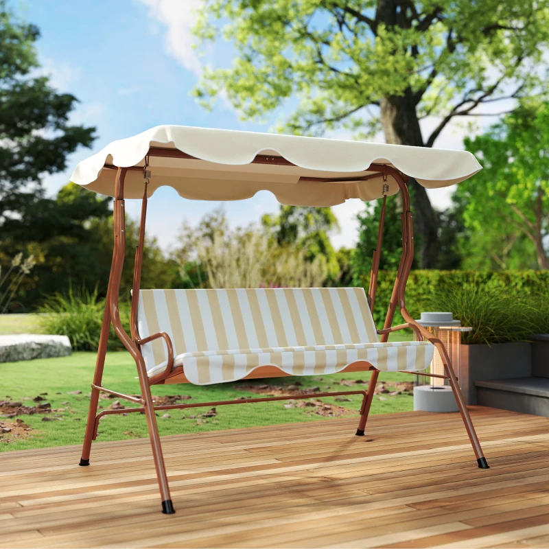 Outsunny Balancelle de Jardin 3 Places Toit imperméabilisé Inclinaison réglable Coussins Assise Dossier marron, crème rayé