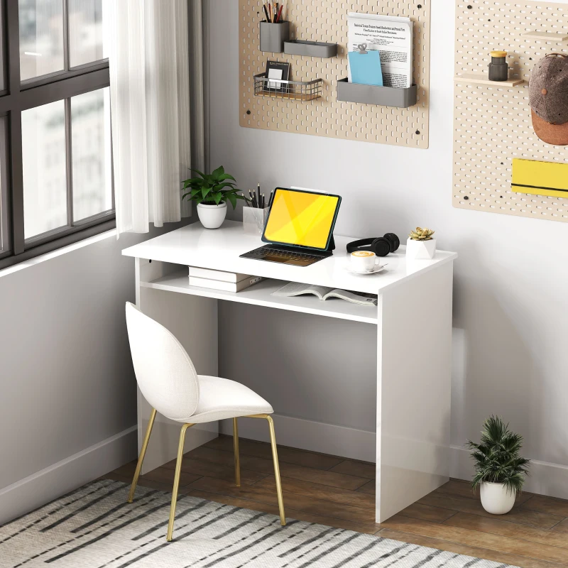 HOMCOM Bureau informatique sobre épuré compact avec 1 étagère, panneaux de particules, dim. 90l x 50P x 74H cm, blanc laqué