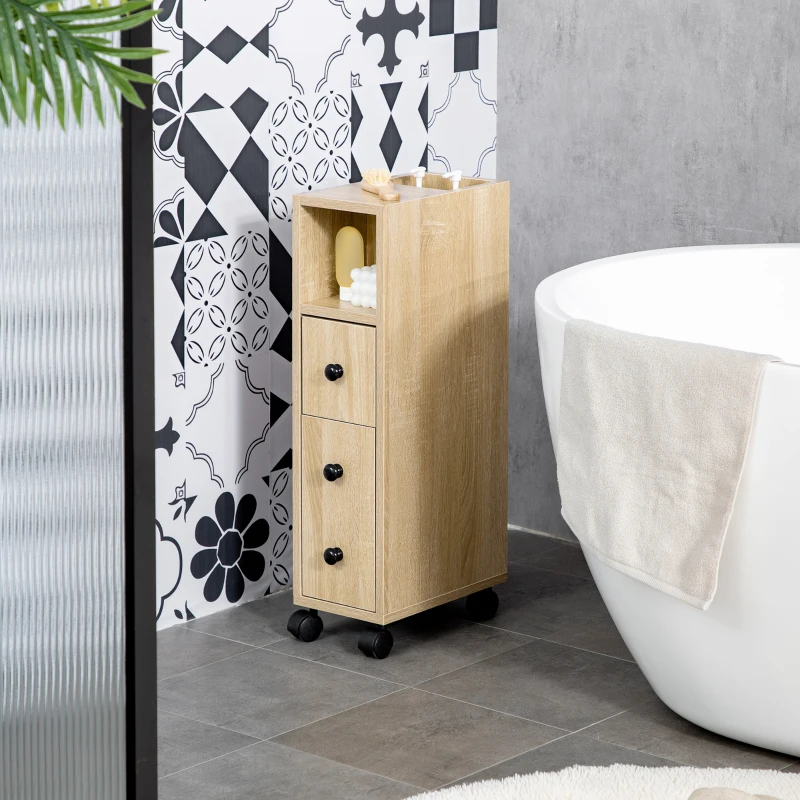 kleankin Armario de Baño con Ruedas Mueble Auxiliar para Baño con Estante Abierto Puerta y Cajón 18x30x68,5 cm Roble