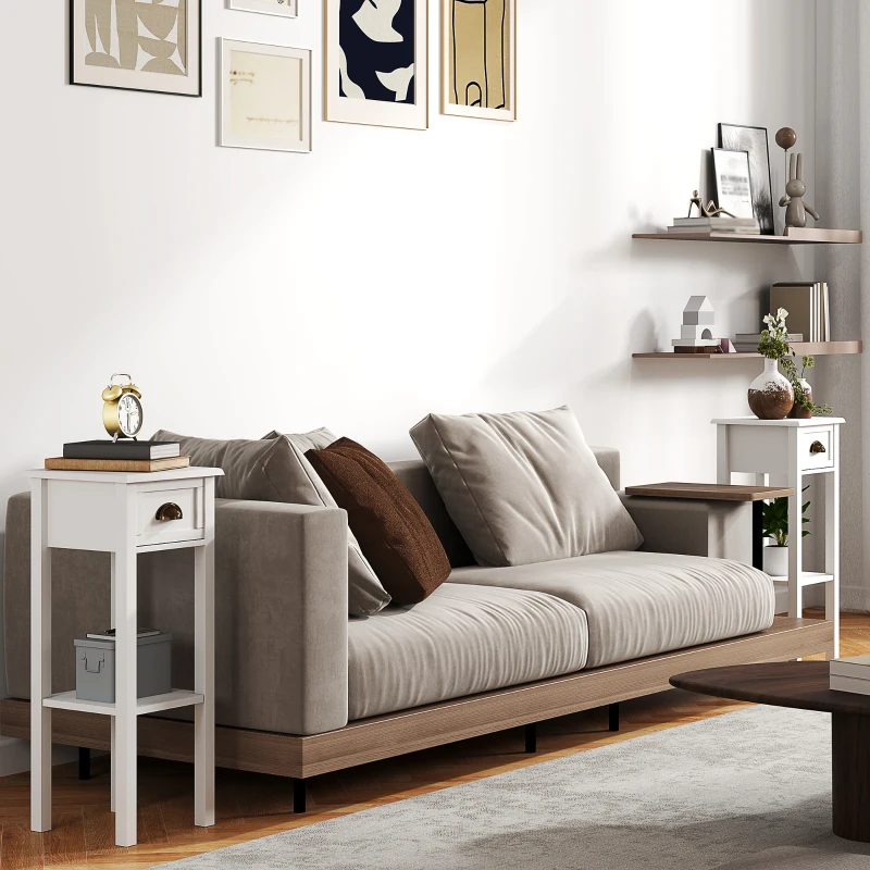 HOMCOM Set 2 tavolini d'appoggio con cassetto e ripiano inferiore, 30x30x75 cm, Bianco