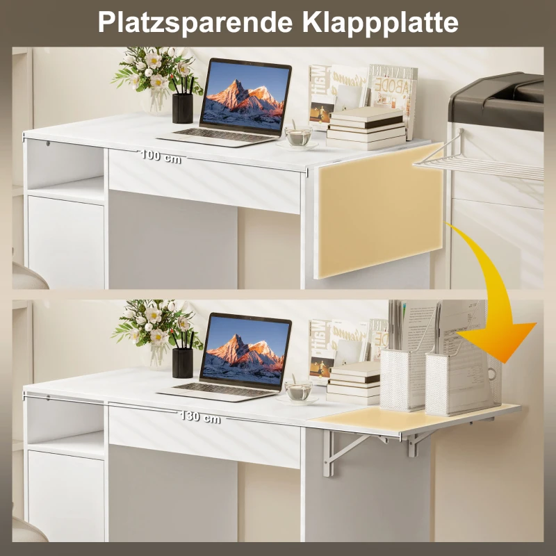 HOMCOM Rollbarer Computertisch, klappbarer Schreibtisch mit Schrank und Schublade, Spanplatte, Weiß