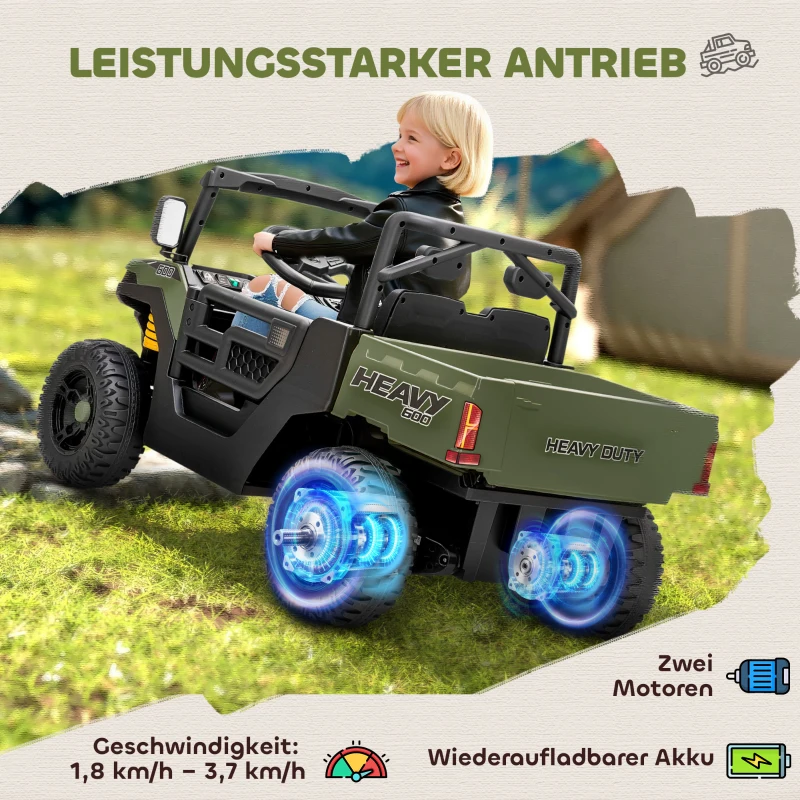 AIYAPLAY Elektrofahrzeug, 2 Motoren, Kofferraum, UTV-Design, Musikfunktion, Grün