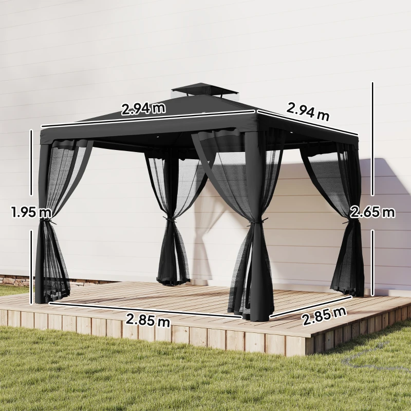 Outsunny 3 x 3 m Metal Gazebo, Garden Pavillion, Double Roof Outdoor Canopy Shelter with Mesh Sidewalls, Black