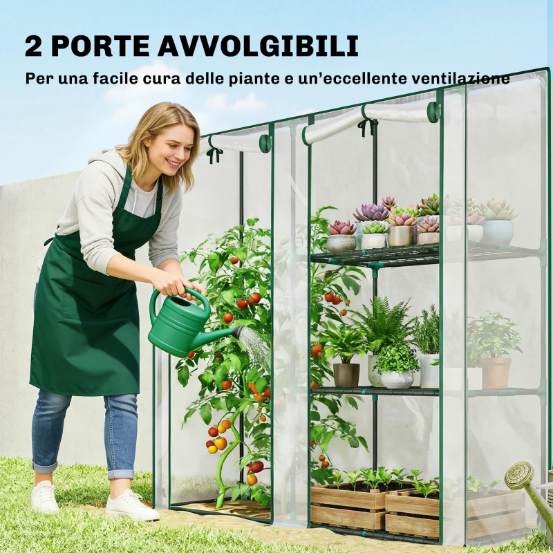 Outsunny Serra Verticale a 2 Sezioni con 3 Ripiani, in Plastica e Acciaio, 143x45x151 cm, Verde Scuro e Trasparente