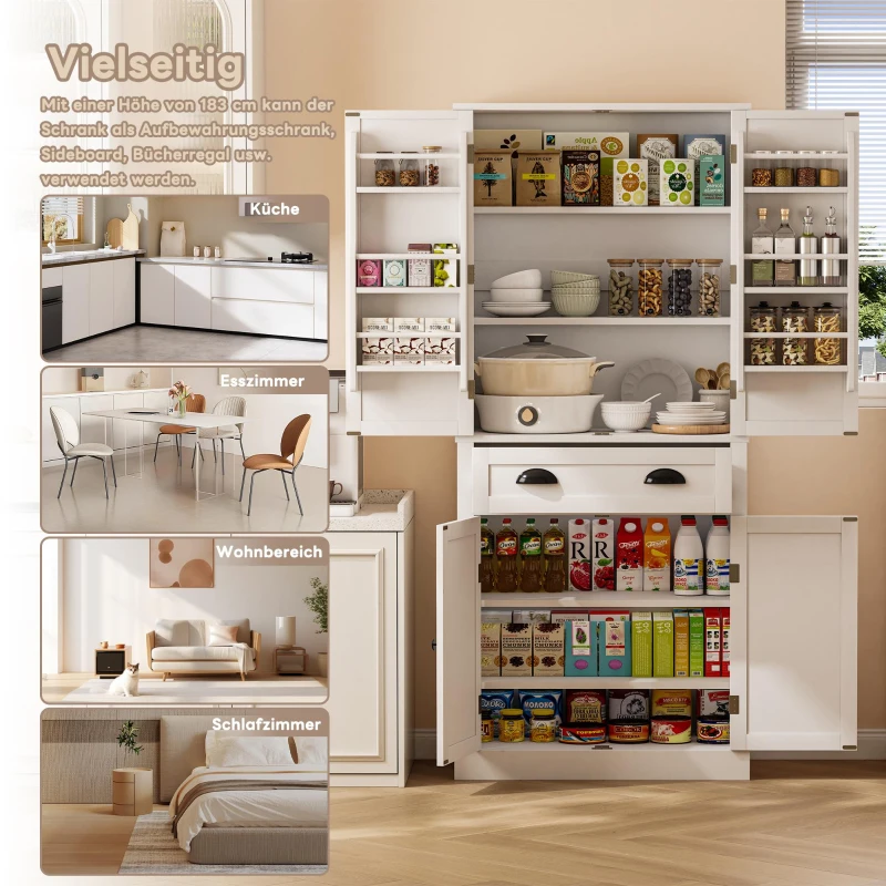 Aufbewahrungsschrank 182cm hoch mit 4 Türen 1 Schublade, 6 Staufächer 4 verstellbare Ablageflächen für Küche Wohnzimmer Weiß