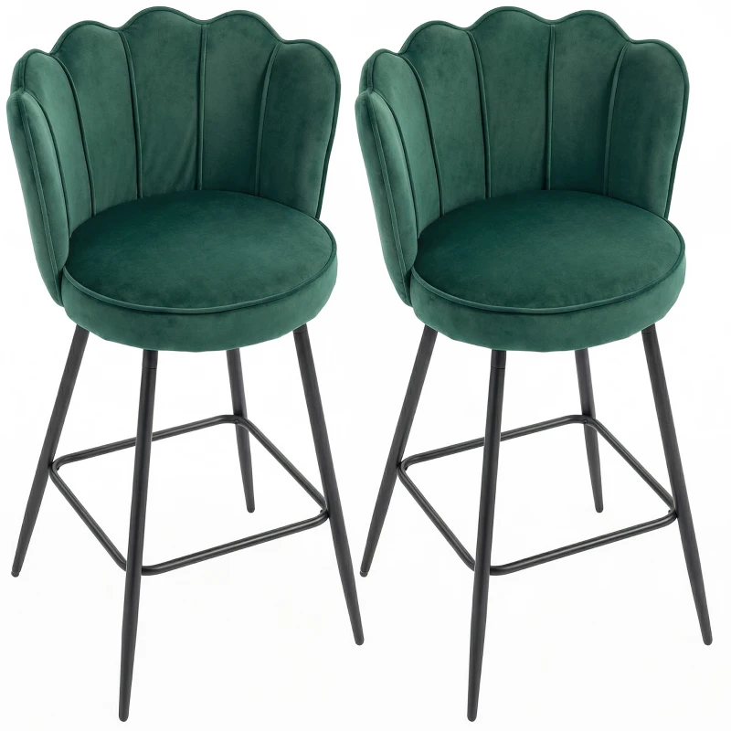 HOMCOM Set of Two Velvet-Feel Lotus Bar Stools - Dark Green