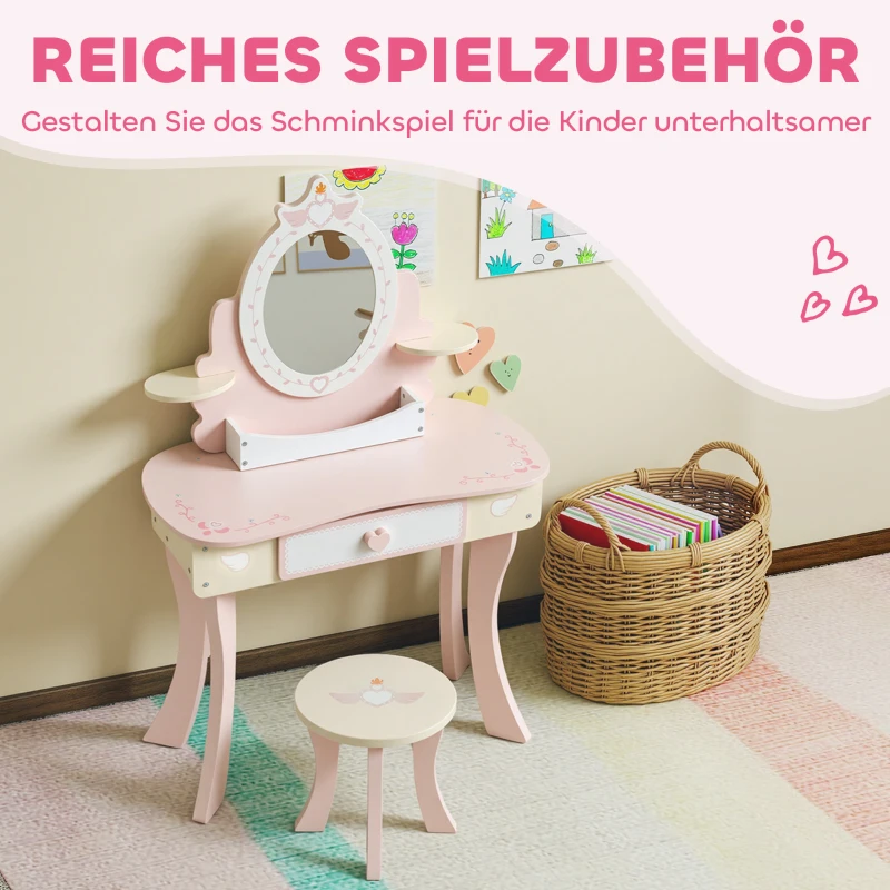 AIYAPLAY Kinderschminktisch, Stuhl, Schublade, abnehmbarer Spiegel, Kinderschreibtisch mit 7 Zubehörteilen, 2-in-1 Design, MDF, Rosa