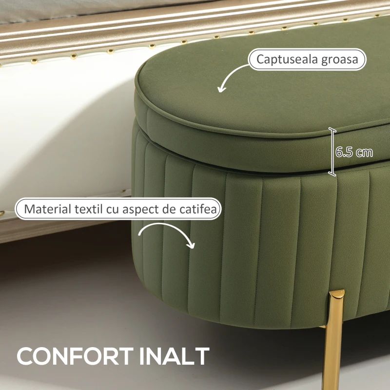 HOMCOM Băncuță Tapițată pentru Dormitor cu Capitonaj Canelat și Picioare Metalice, 108x44x43,5 cm, Verde(m-4)