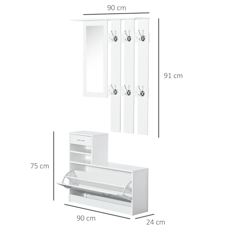 HOMCOM Set Mobili Ingresso Moderno con Scarpiera e Specchio, Appendiabiti da Ingresso con 6 Ganci, 2 Ripiani Regolabili e Cassetti in Legno per Corridoio, 90x24x166 cm, Bianco