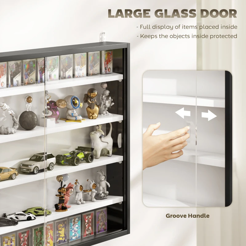 HOMCOM 5-Tier Wall Display Cabinet,  Wall Mounted Display Case w/ 4 Adjustable Shelves, Glass Doors, 60x80cm, Black and White