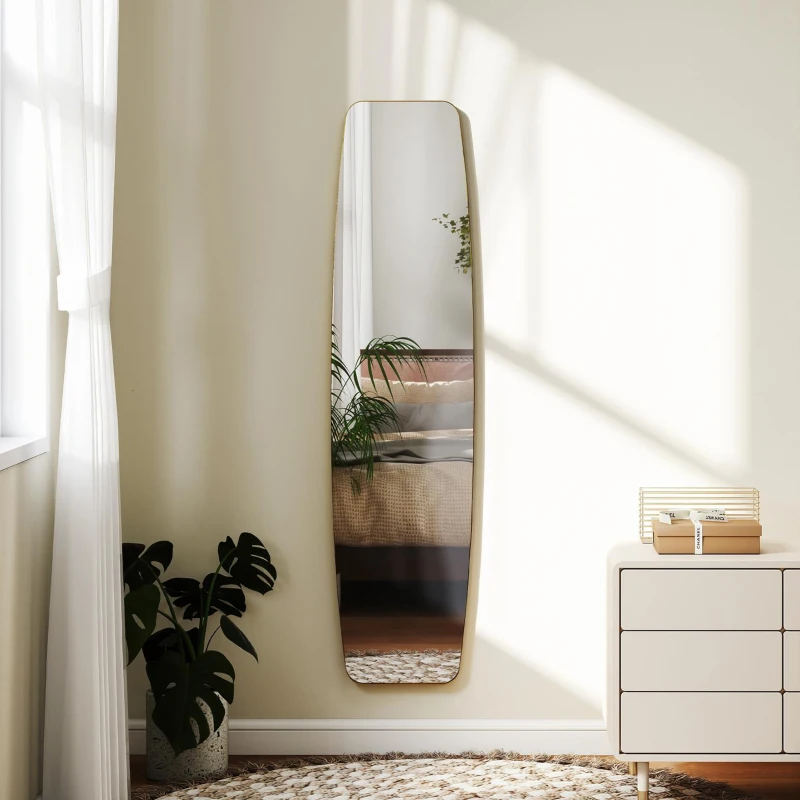 HOMCOM Grand miroir mural ovale 160 x 40 cm, miroir suspendu moderne, cadre en métal et bois, prêt à accrocher, doré