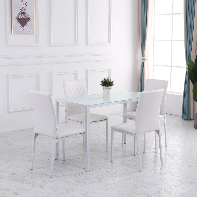HOMCOM Table à manger pour 4 personnes, table de cuisine avec plateau en verre trempé et pieds en métal, 120x60x75cm, blanc