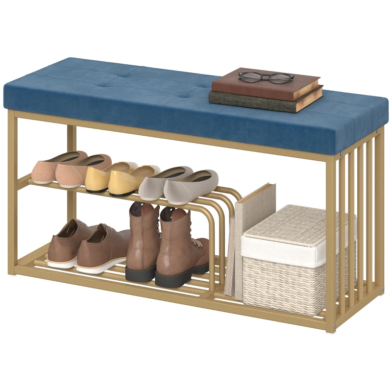 HOMCOM Bench and Shoe Storage, Tufted Shoe Storage Bench with Velvet Seat Cushion Gold Steel Frame for Entryway, Dark Blue
