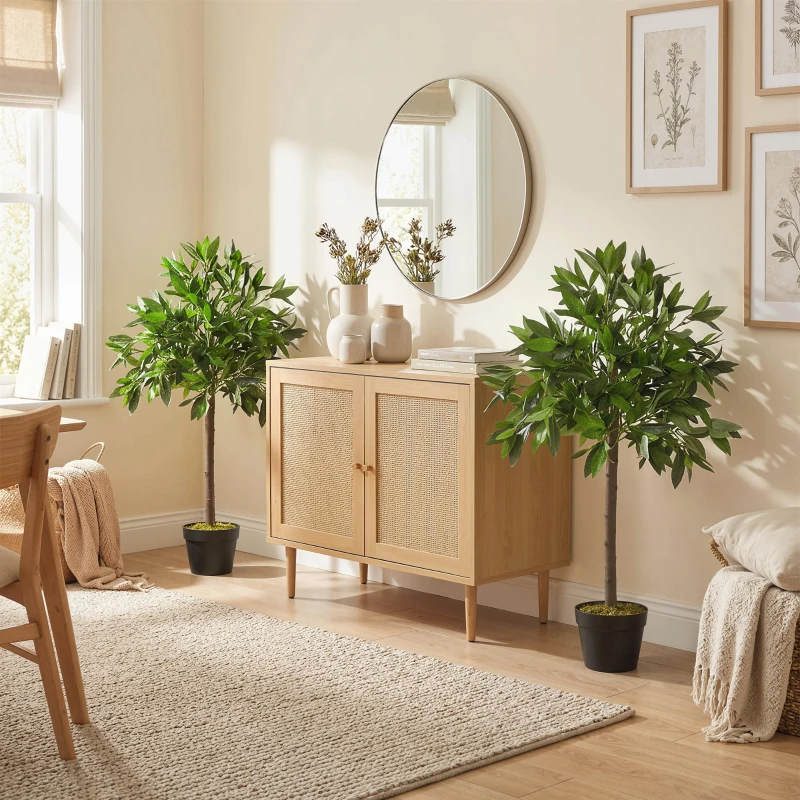 Outsunny 2er-Set Künstlicher Lorbeerbaum, 90 cm, Kunstpflanzen im Zementtopf, Kunststoff-Pflanzen für drinnen und draußen, Grün