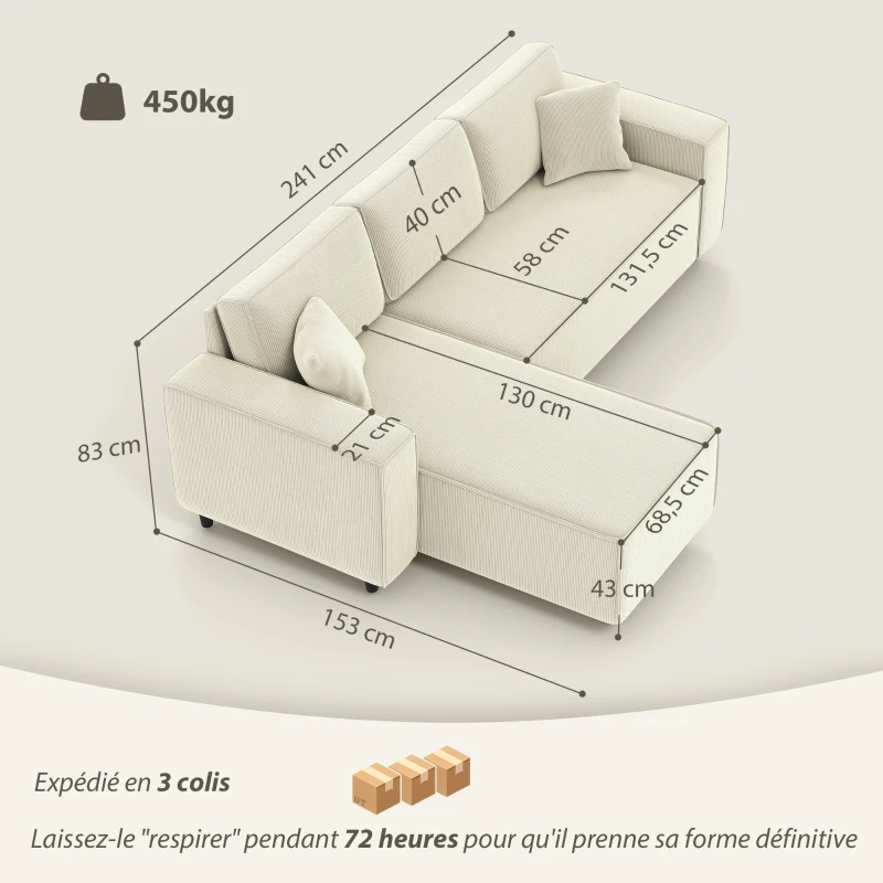 HOMCOM Canapé d'angle réversible 3 places moderne avec coussins inclus, tissu velours côtelé, crème(m-3)