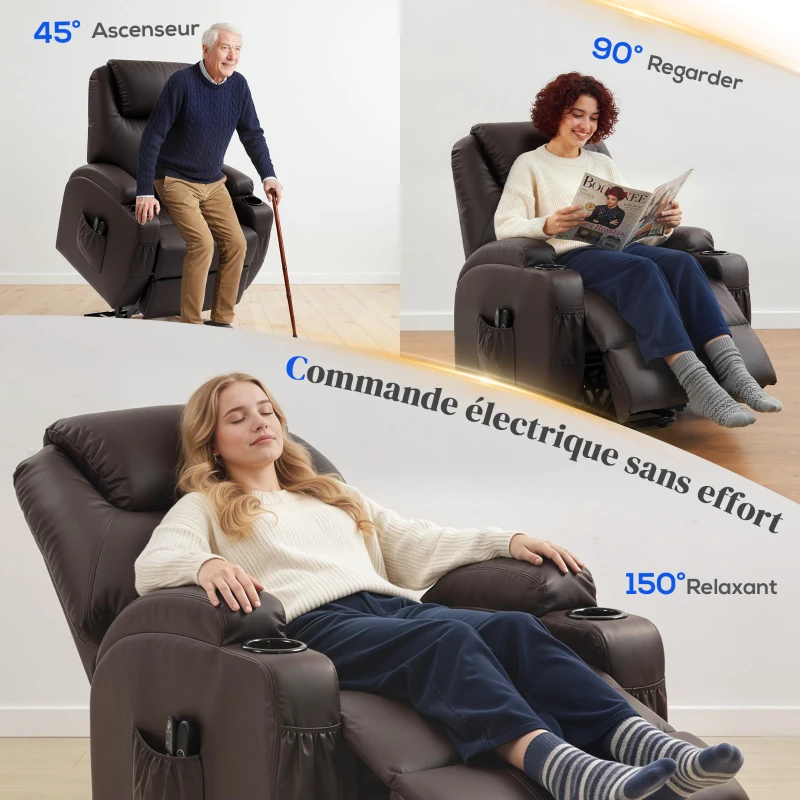 HOMCOM Fauteuil releveur électrique, fauteuil relax électrique, repose-pied, dossier inclinable, port USB, 83x95x107cm, marron