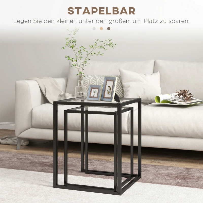 HOMCOM 2er Set Beistelltisch stapelbarer Nachttisch Couchtisch mit Beinen aus Stahl, modern für Wohnzimmer Schwarz