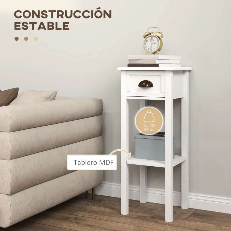 HOMCOM Juego de 2 Mesas Auxiliares Mesitas de Noche con Cajón y Estante de Almacenamiento para Dormitorio 30x30x75 cm Blanco