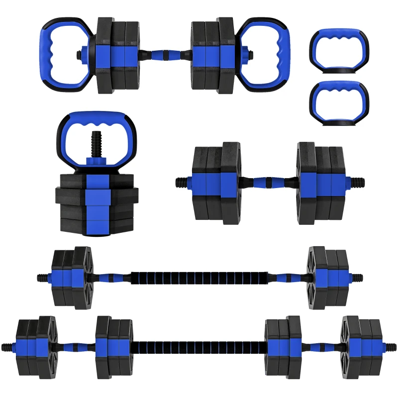 SPORTNOW Conjunto de halteres musculação 6-em-1 haltere ajustável 20 kg kettlebell, barra de musculação suporte para flexões azul