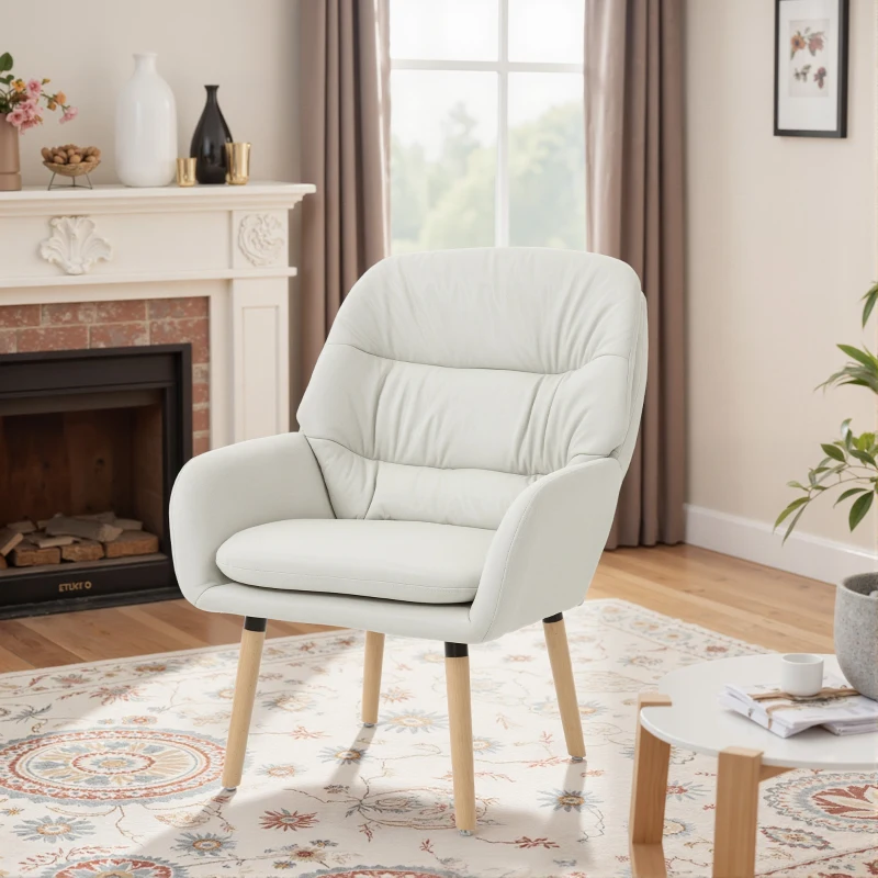 HOMCOM Sillón de Salón Moderno Acolchado de Doble Capa Tapizado en Cuero Sintético Patas de Madera 68x74x89 cm Crema