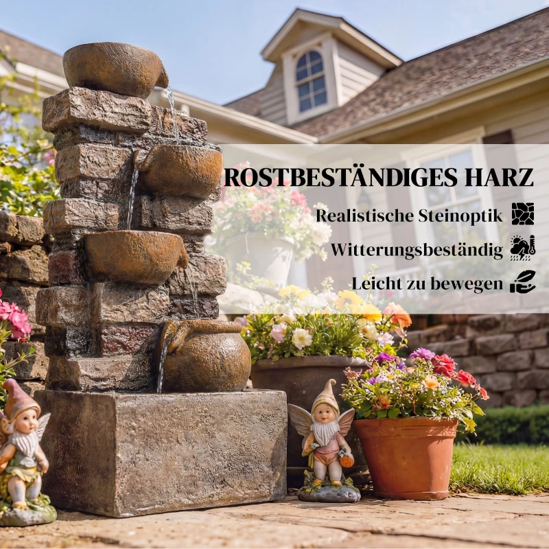 Outsunny 5-laags tuinfontein met LED-verlichting, steenlook, verstelbare pomp, 31 x 25,5 x 72 cm