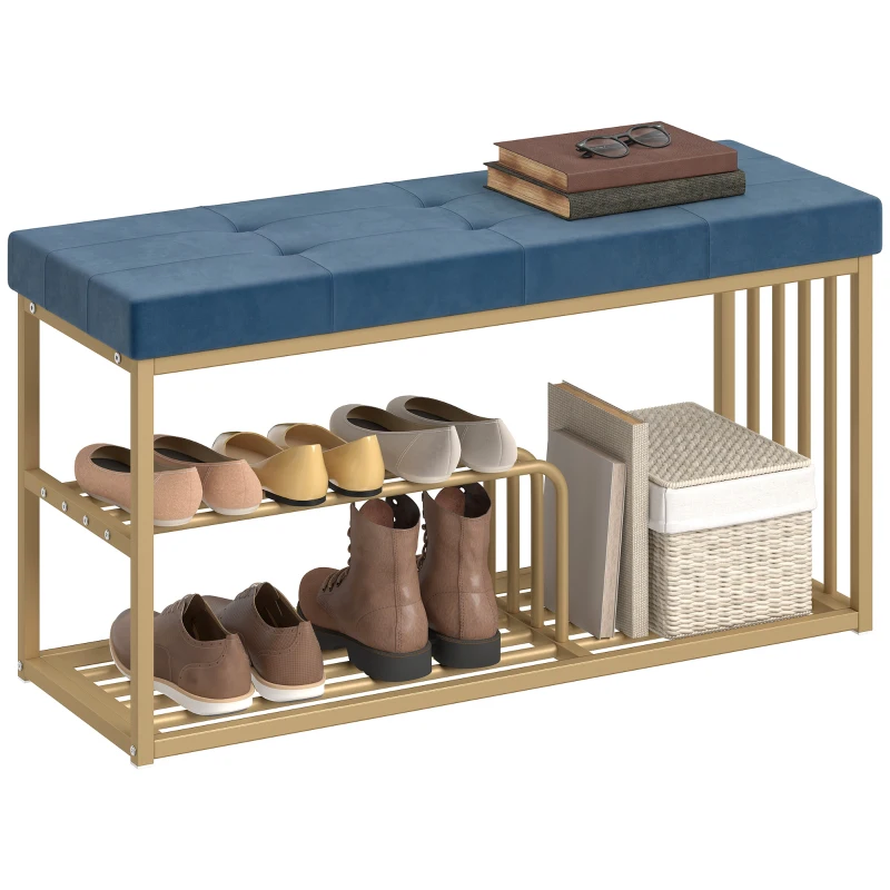 HOMCOM Bench and Shoe Storage, Tufted Shoe Storage Bench with Velvet Seat Cushion Gold Steel Frame for Entryway, Dark Blue