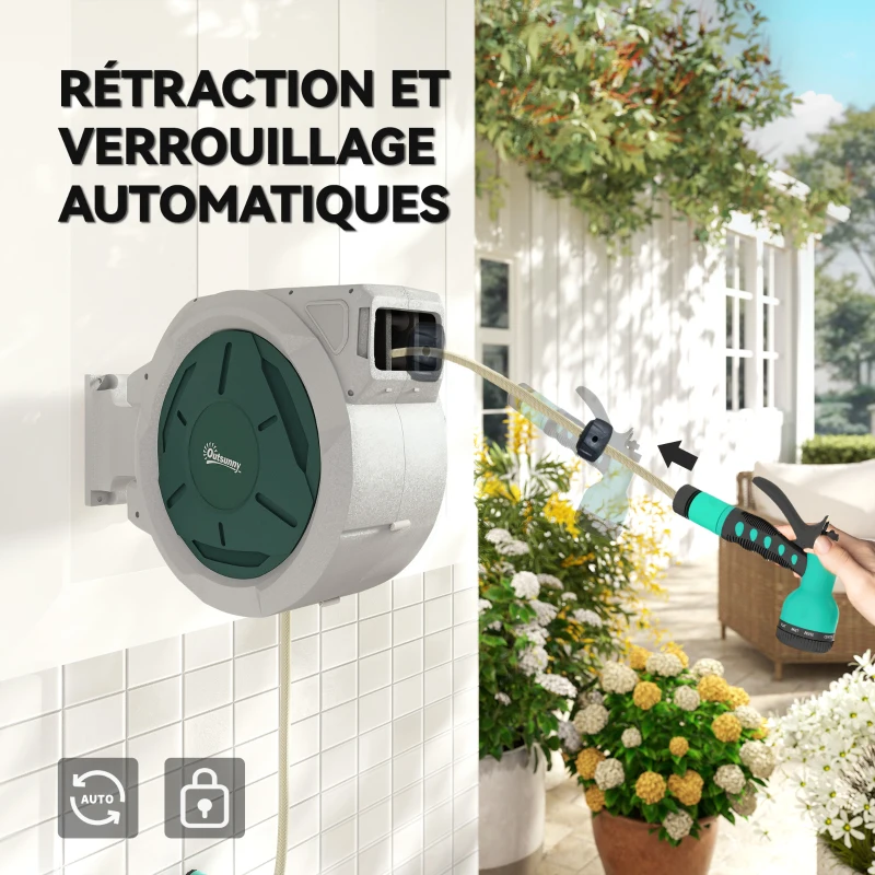 Outsunny Enrouleur Tuyau Arrosage Mural 30 m x Ø 15 mm Dévidoir Automatique de Tuyaux d'Eau Rétractable Automatique gris