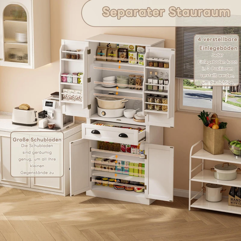 Aufbewahrungsschrank 182cm hoch mit 4 Türen 1 Schublade, 6 Staufächer 4 verstellbare Ablageflächen für Küche Wohnzimmer Weiß