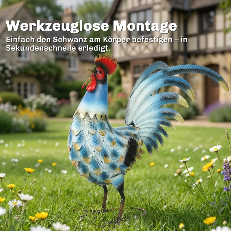 Outsunny Hahn-Gartenstatue, Metall-Gartenfigur, 41 cm stehende Hahn-Skulptur mit Bodenankern, Mehrfarbig