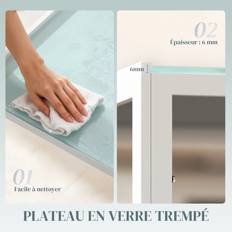 HOMCOM Table à manger pour 4 personnes, table de cuisine avec plateau en verre trempé et pieds en métal, 120x60x75cm, blanc