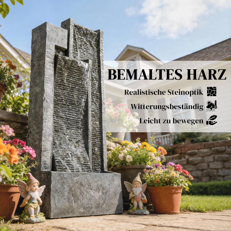 Outsunny Fontein 3-laags tuinfontein met LED-verlichting plantenbak pomp steenlook, verstelbaar 38 x 19 x 101 cm