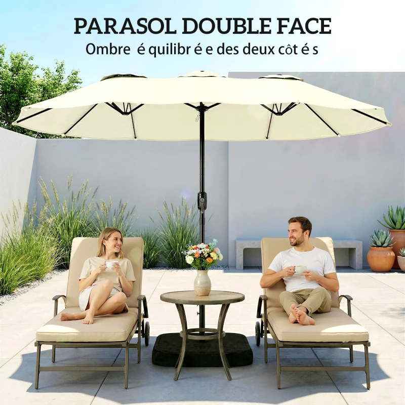 Outsunny Parasol de Jardin Double Face 3 x 1,5 m avec Base et Sacs de Sable, UPF 50+, Parasol avec Housse, Manivelle, Beige