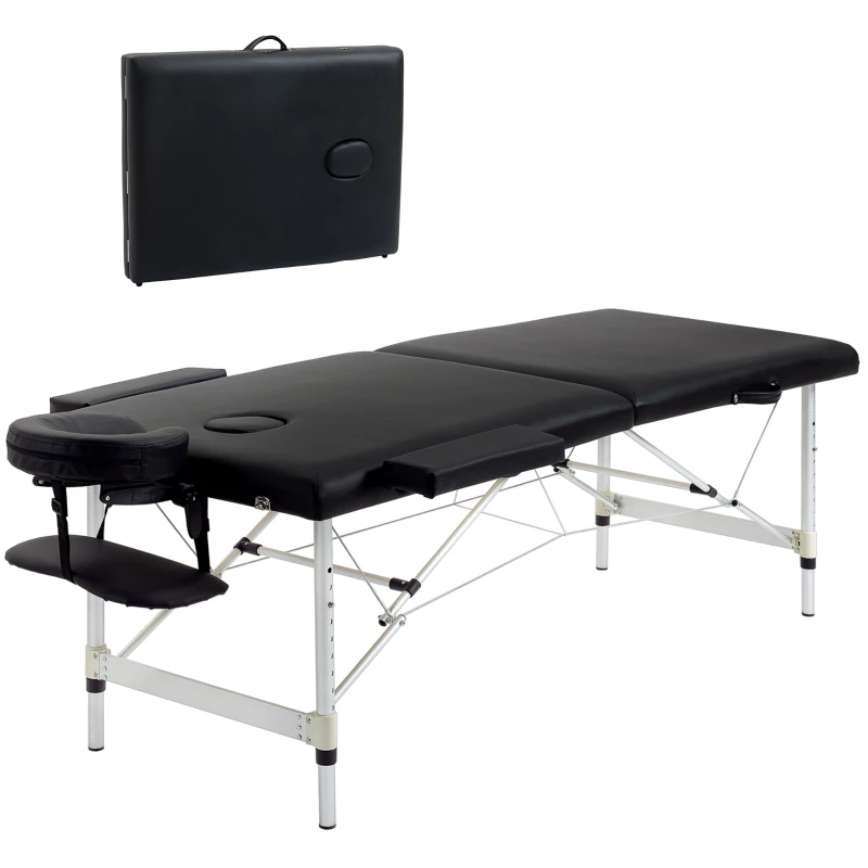 HOMCOM Massageliege, 2 Zonen klappbarer Massagetisch mit Kunstleder, Kopfstütze, Armlehnen, Tasche, höhenverstellbare Massagebank 90cm Breit bis 225 kg belastbar, Schwarz