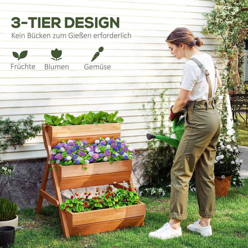 Outsunny Vertikales Hochbeet mit 3 Etagen Vertikalbeet aus Holz Blumenkasten mit 3 Pflanzkästen Ablauflöchern Braun