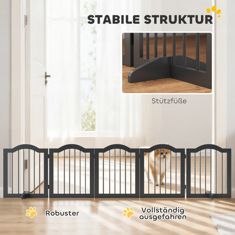 PawHut Absperrgitter Hund Freistehendes Schutzgitter mit Füßen, Klappbar Hundegitter, 5 Paneelen, 261,5 x 29,5 x 61 cm, Schwarz